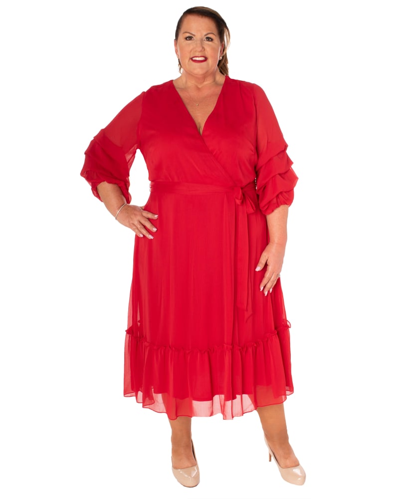 Plus size model wearing Donna Wrap Midi Dress by Maison Tara | Dia&Co | dia_product_style_image_id:182139